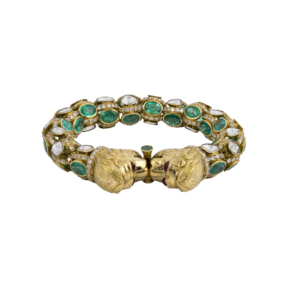 Antique Regal Sutarla Bracelet with Cut Emerald, Polki & Lion Heads