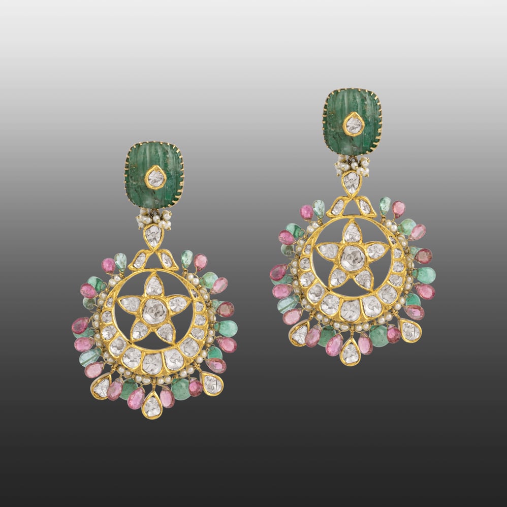 Polki Star Earrings with Multicoloured Gemstones & Jadau Green Stone