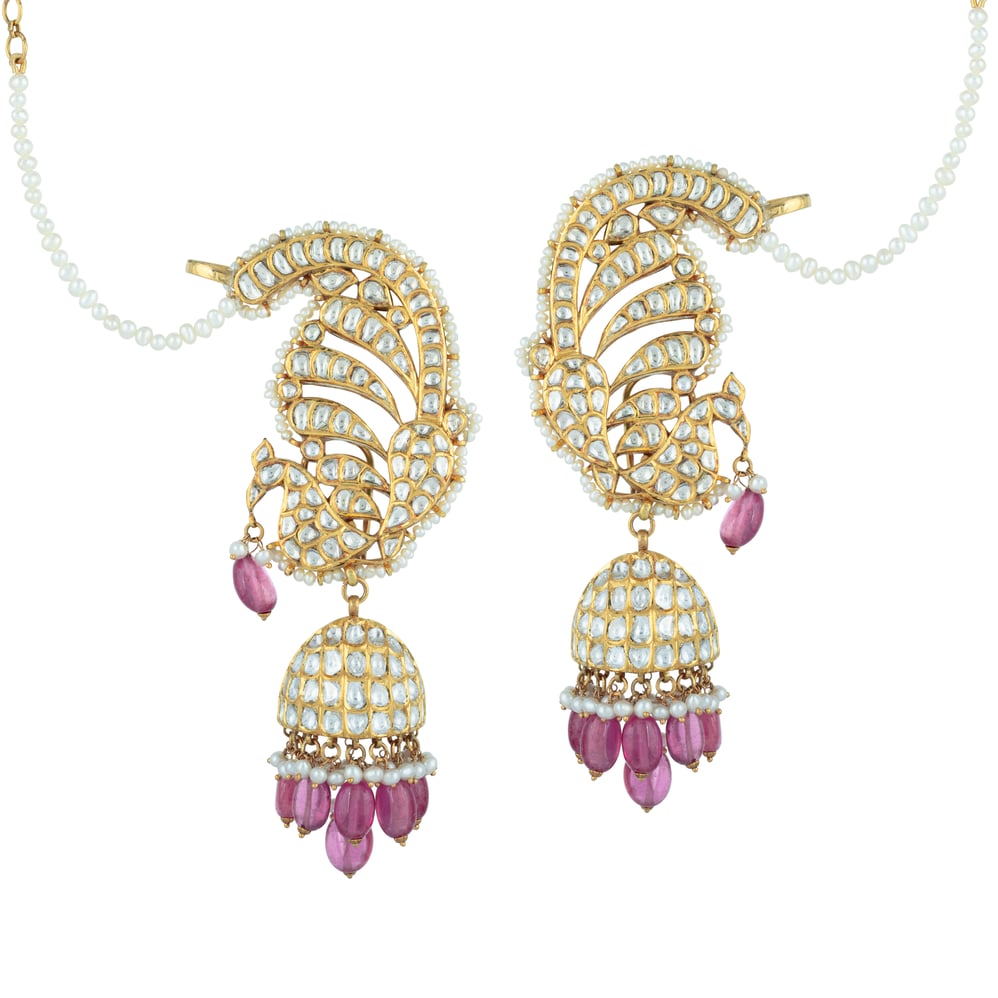 Peacock Polki Cuff Earrings with Pink Bead Jhumki Drops