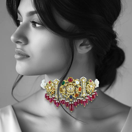 Versatile Navratan kalangi Choker with Multi Hues and Rubies