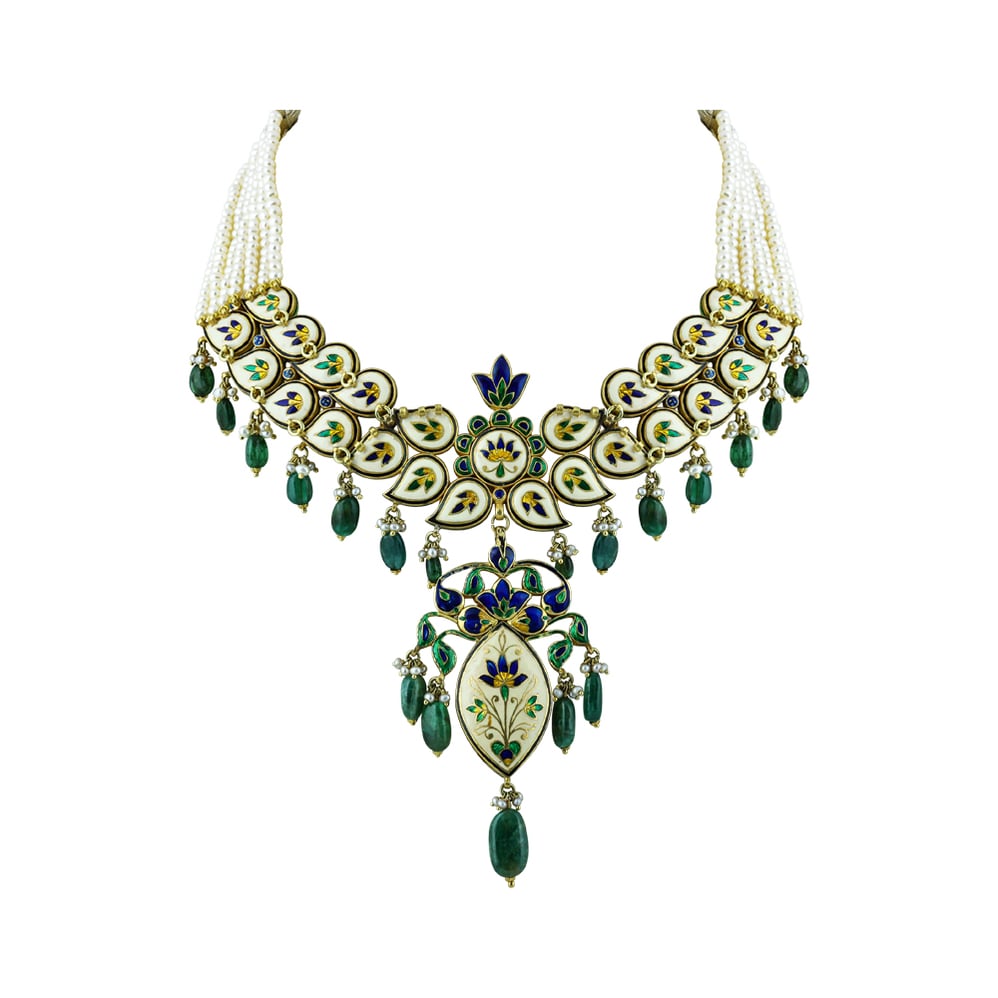 Polki Necklace Set with Emerald Drops and Pearl Strands