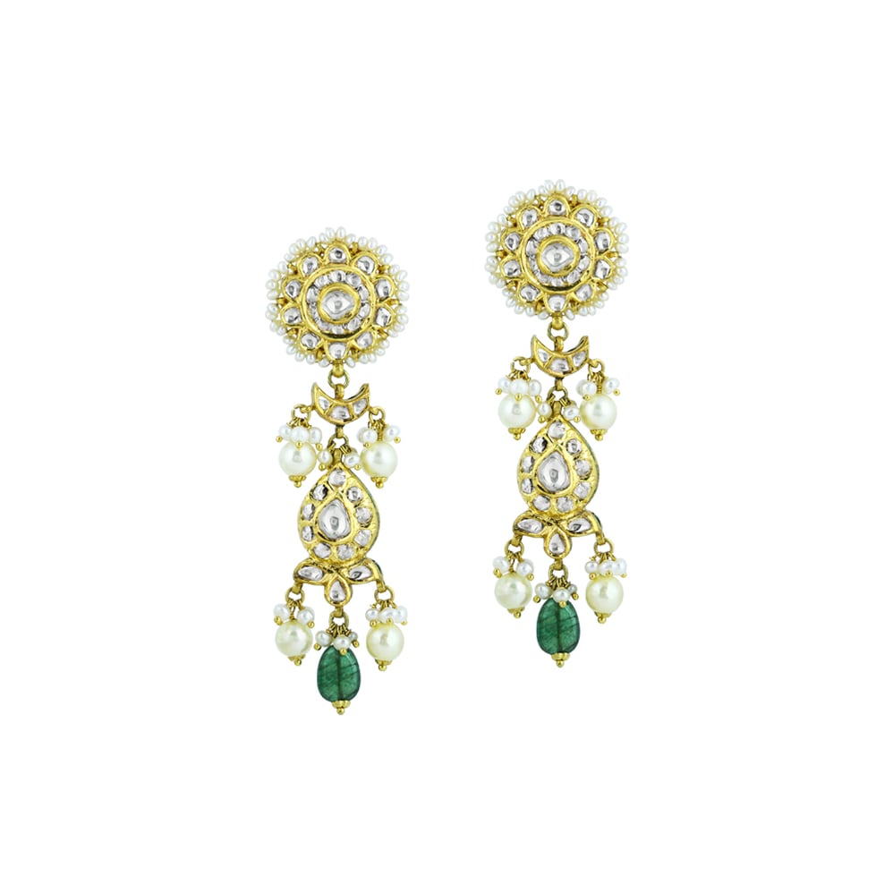 Polki Necklace Set with Emerald Drops and Pearl Strands