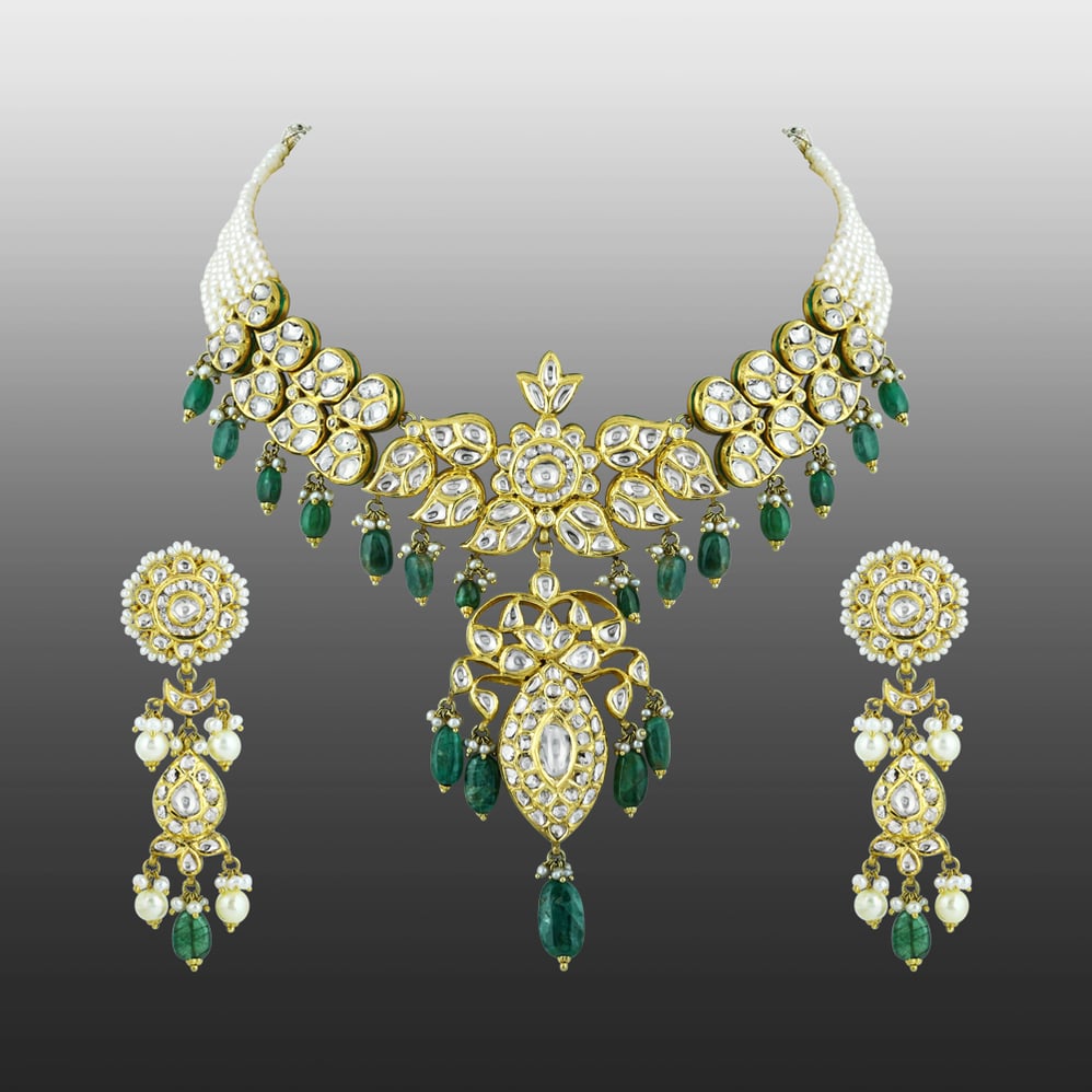 Polki Necklace Set with Emerald Drops and Pearl Strands