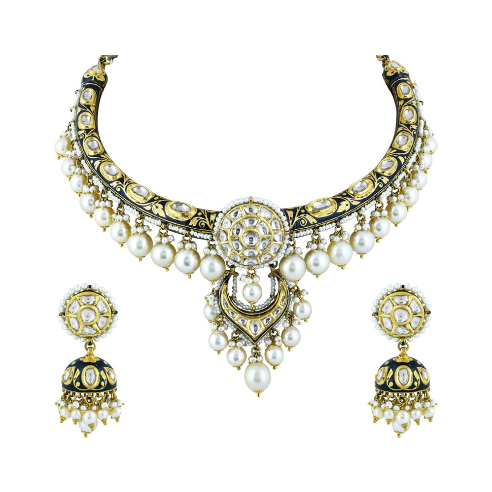 Hasli Polki Necklace Set with Black Enamel and Pearls
