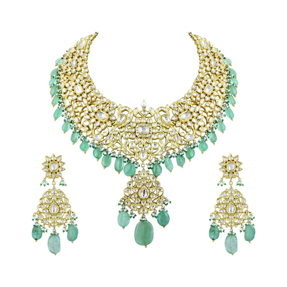 Polki Necklace Set with Gold Detailing and Emerald Drops