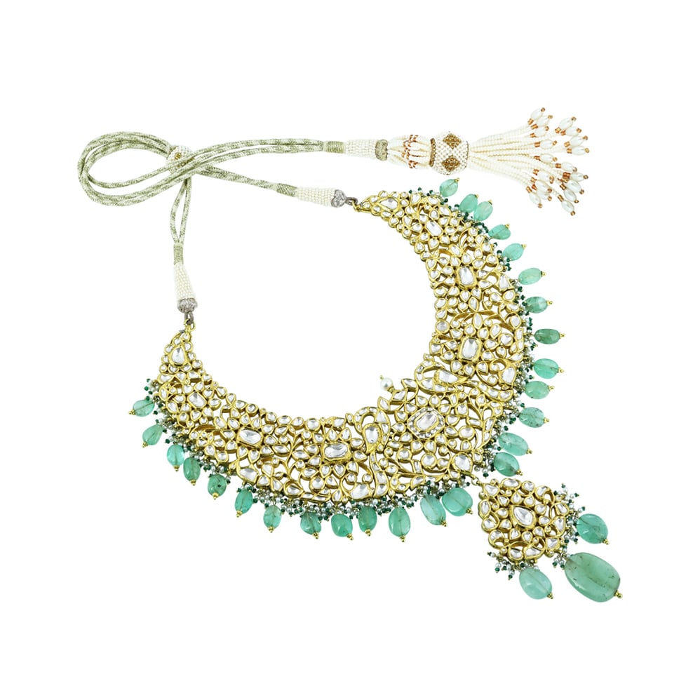 Polki Necklace Set with Gold Detailing and Emerald Drops