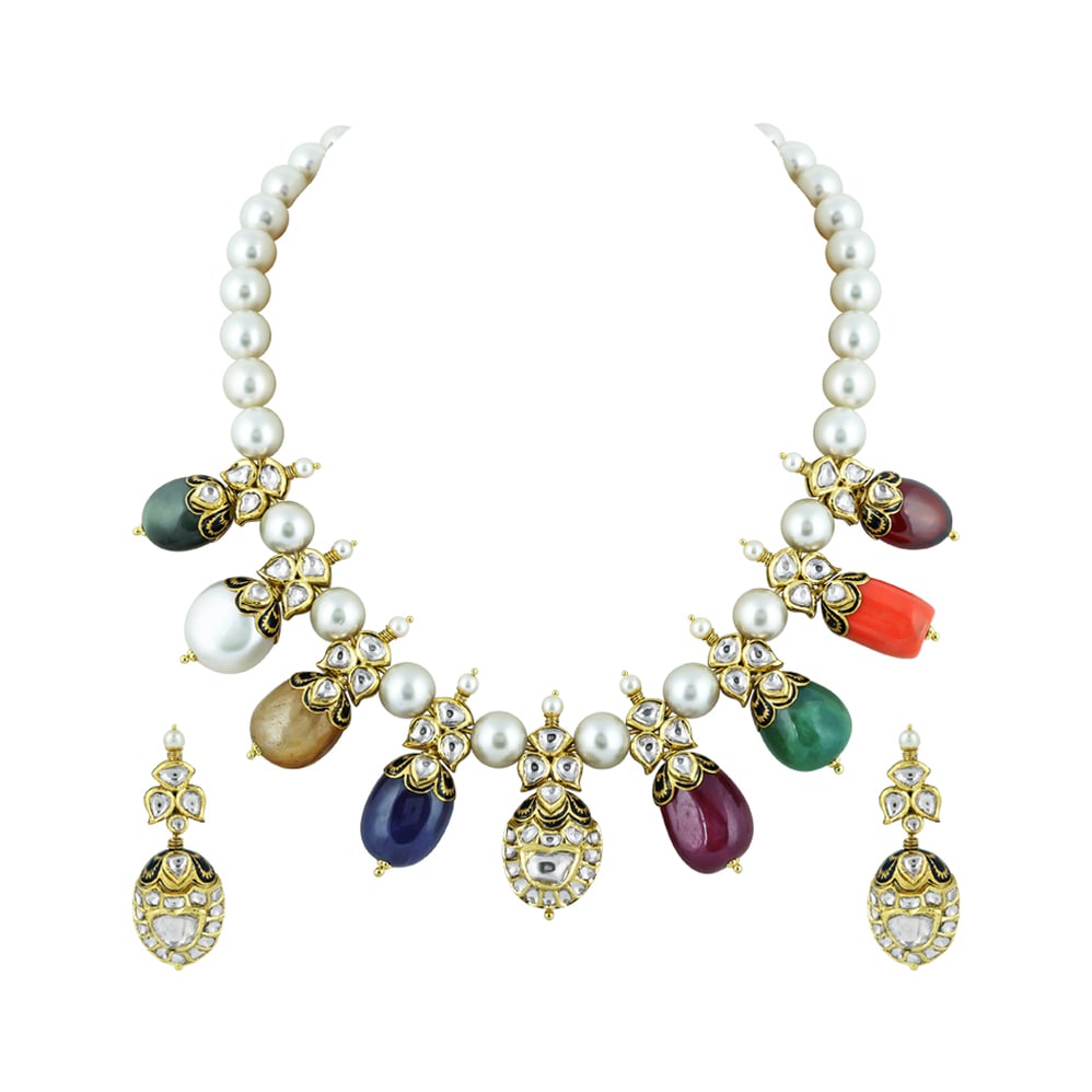 Navaratna Necklace Set with Pearls, Polki, and Vibrant Gemstones
