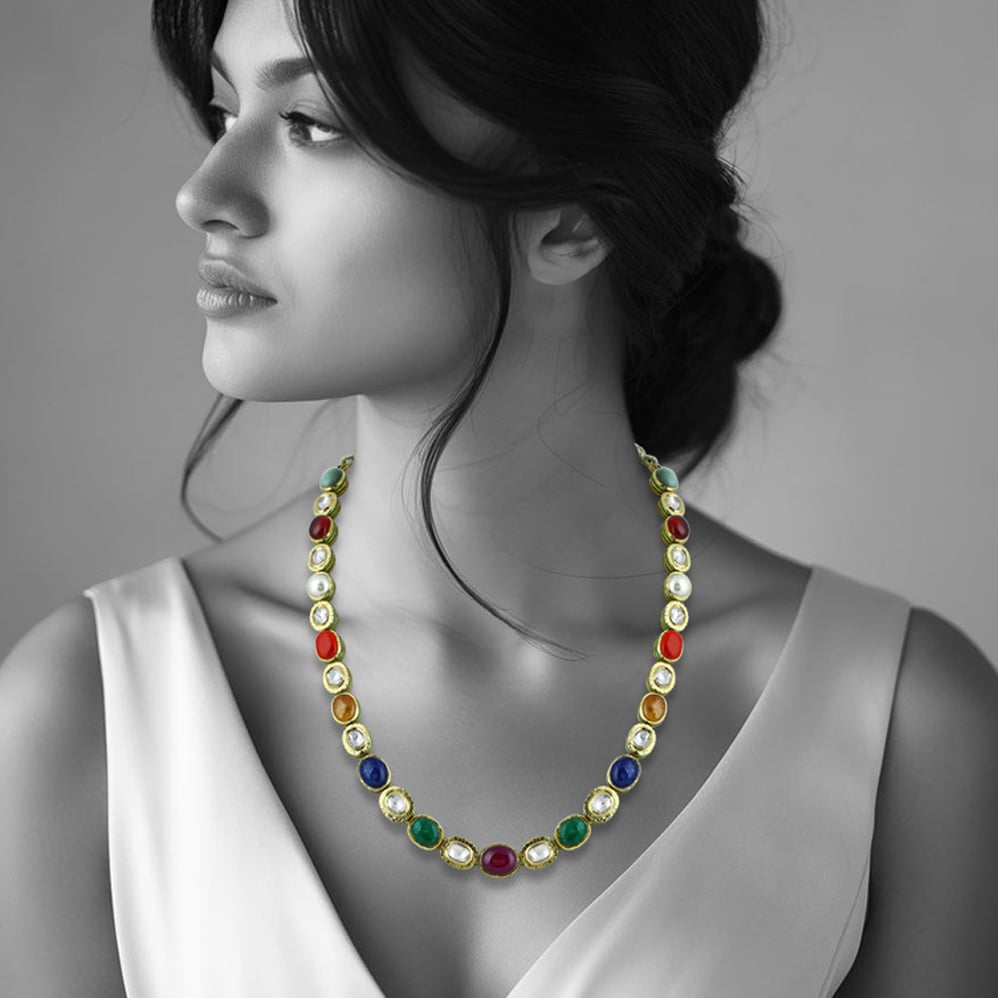 Navaratna Necklace with Polki and Nine Celestial Gemstones