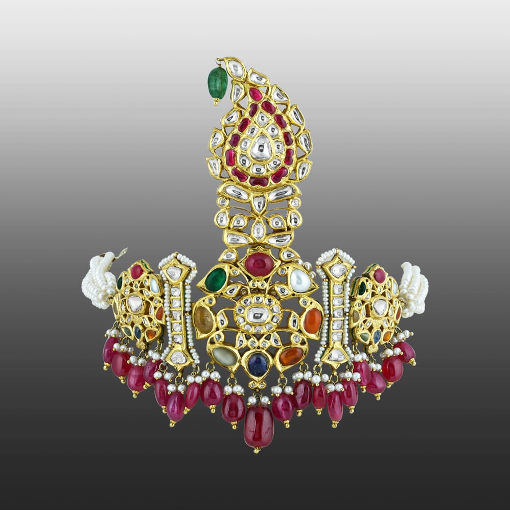 Polki Navaratna Choker Set with Ruby Drops and Detachable Kalangi