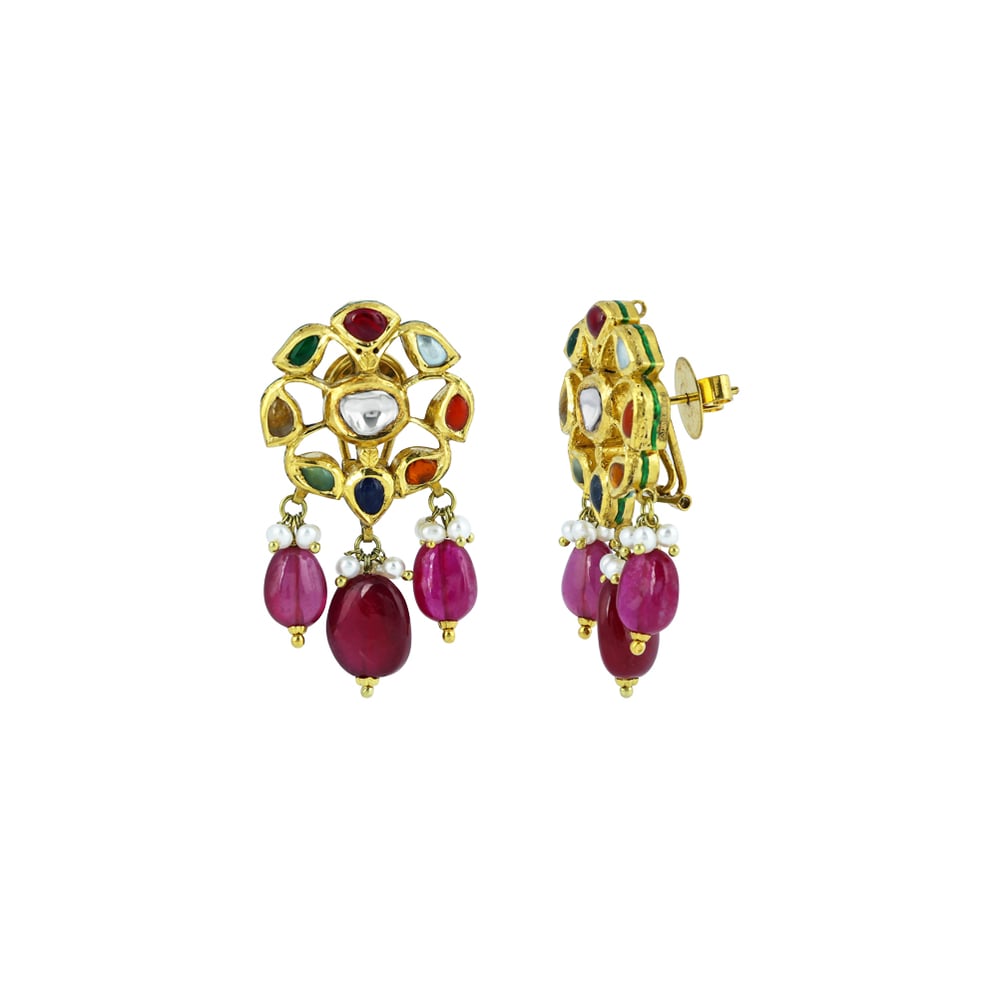 Polki Navaratna Choker Set with Ruby Drops and Detachable Kalangi