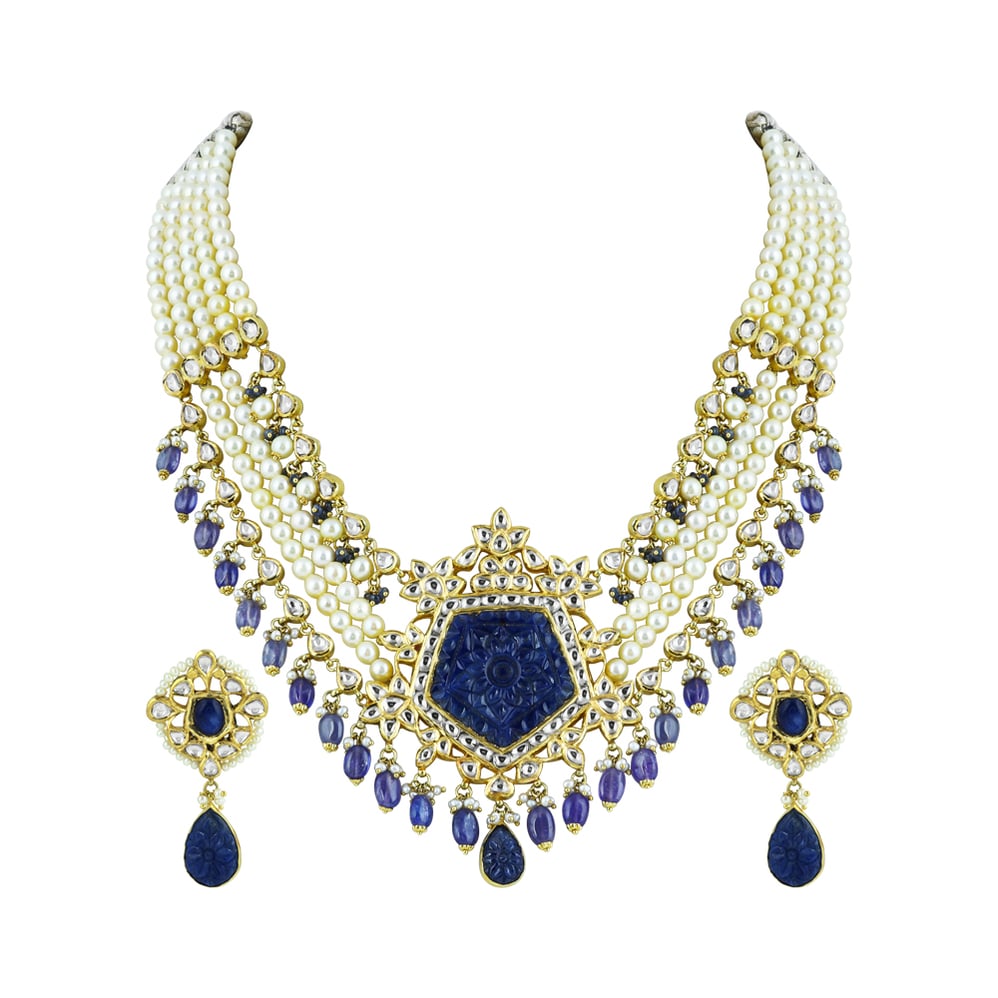 Pearl Strings and Carved Blue Stone Necklace Set with Polki