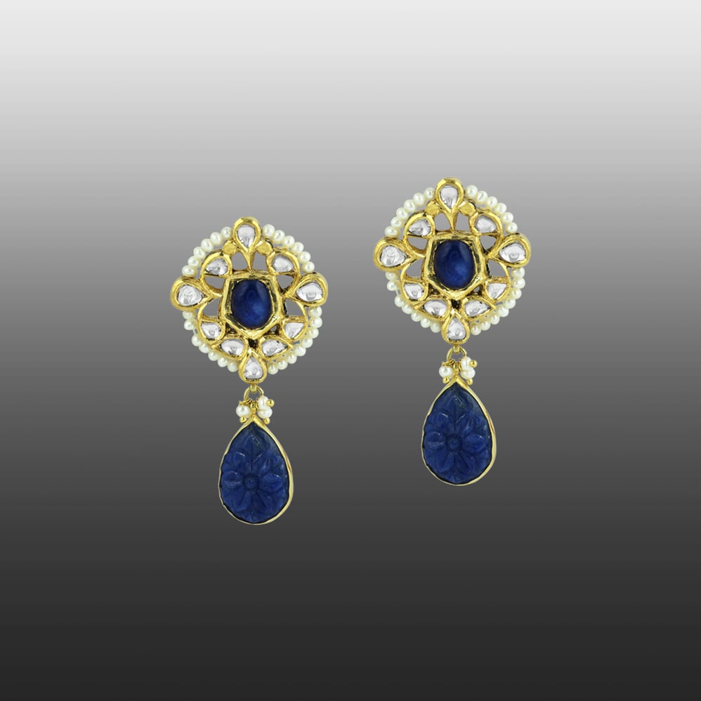Pearl Strings and Carved Blue Stone Necklace Set with Polki