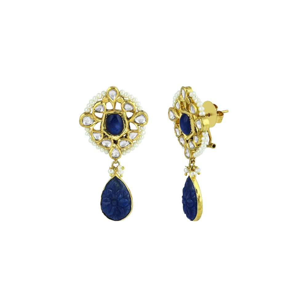 Pearl Strings and Carved Blue Stone Necklace Set with Polki