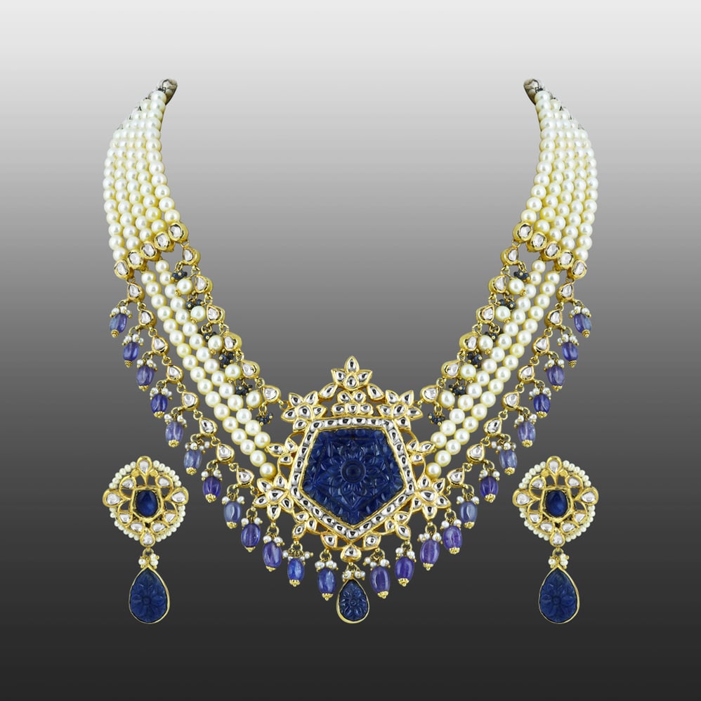 Pearl Strings and Carved Blue Stone Necklace Set with Polki