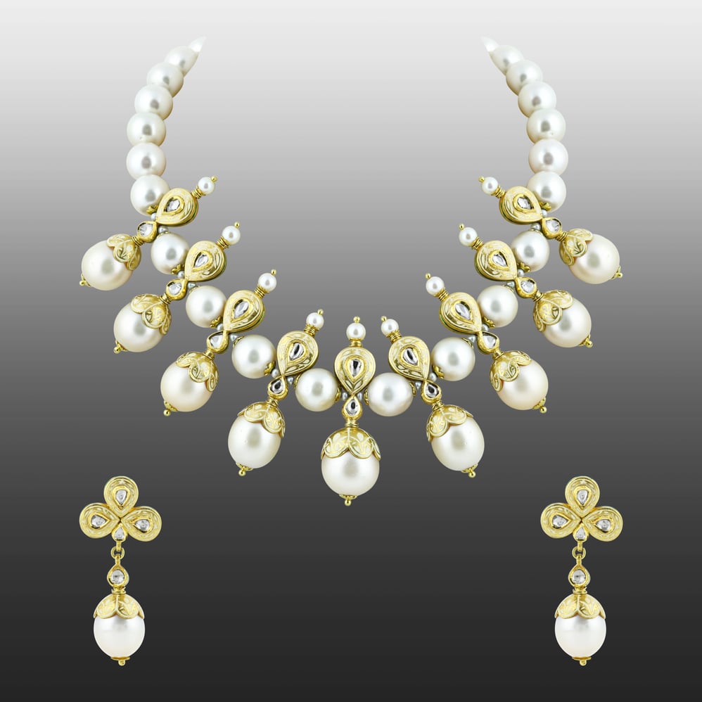 Pearl Necklace Set with Gold Work and Polki Motifs