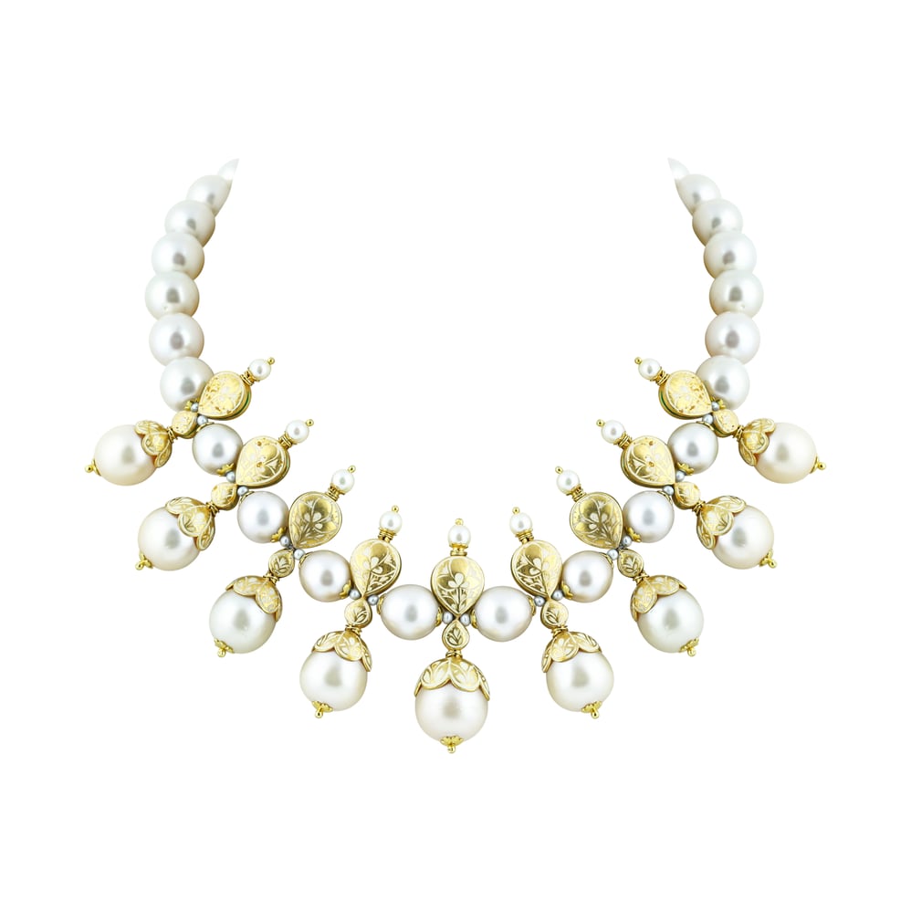 Pearl Necklace Set with Gold Work and Polki Motifs
