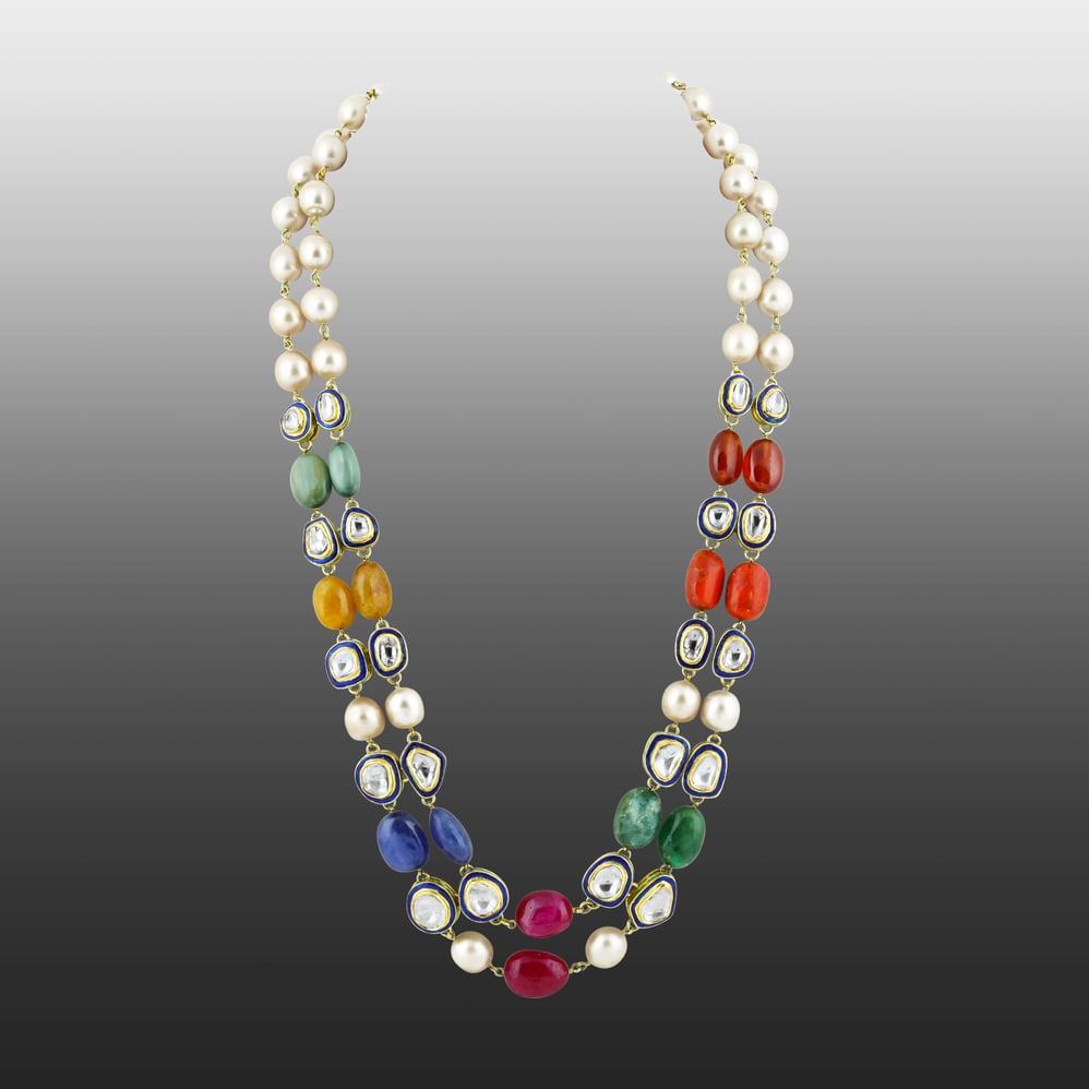 Navratan Necklace Set with Double Layers of Pearls and Gemstones