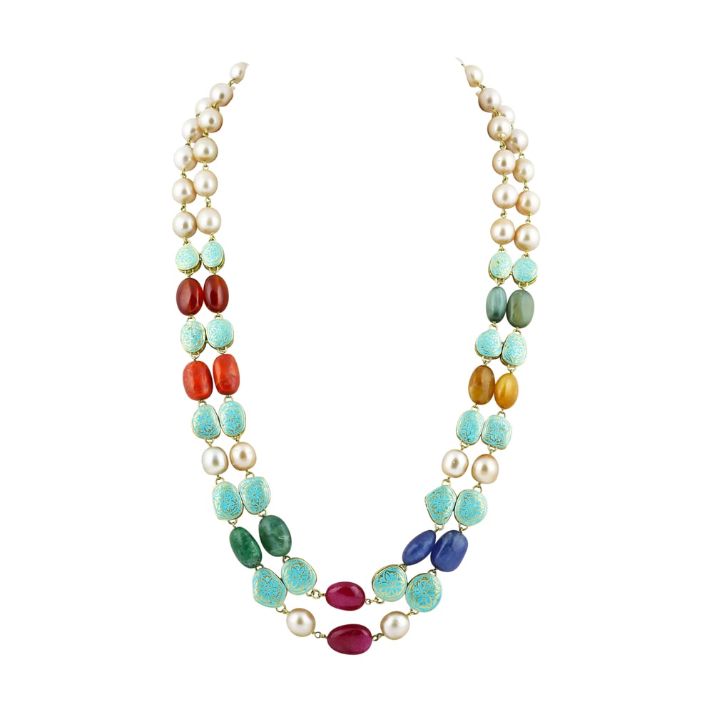 Navratan Necklace Set with Double Layers of Pearls and Gemstones