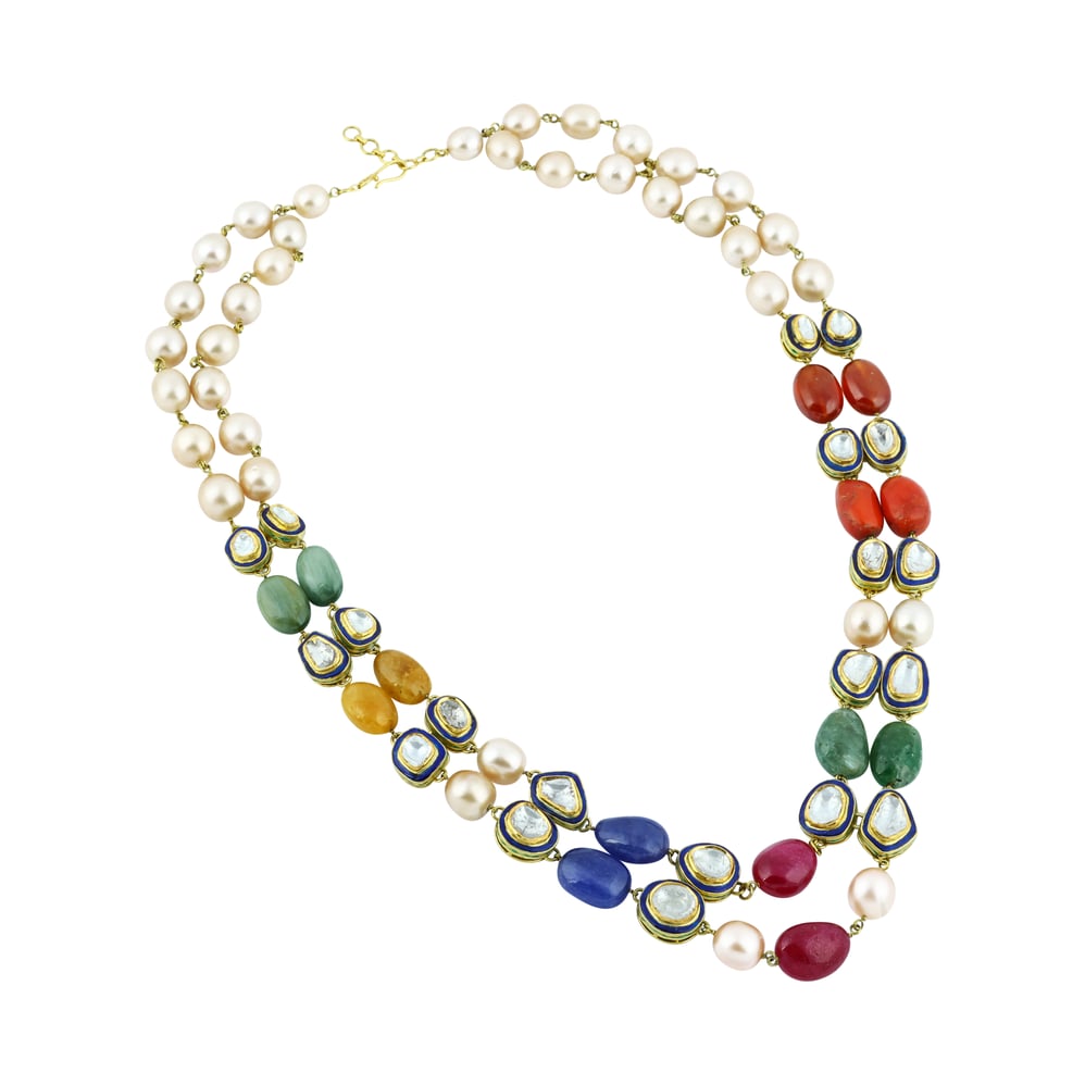 Navratan Necklace Set with Double Layers of Pearls and Gemstones