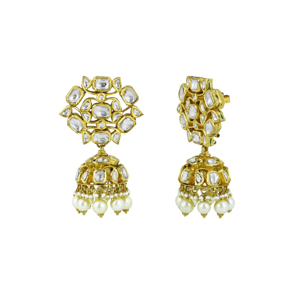 Floral Polki Jhumka Earrings with Pearl Drops