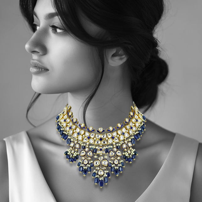 Polki Necklace Set with Blue Sapphire and Pearl Drops