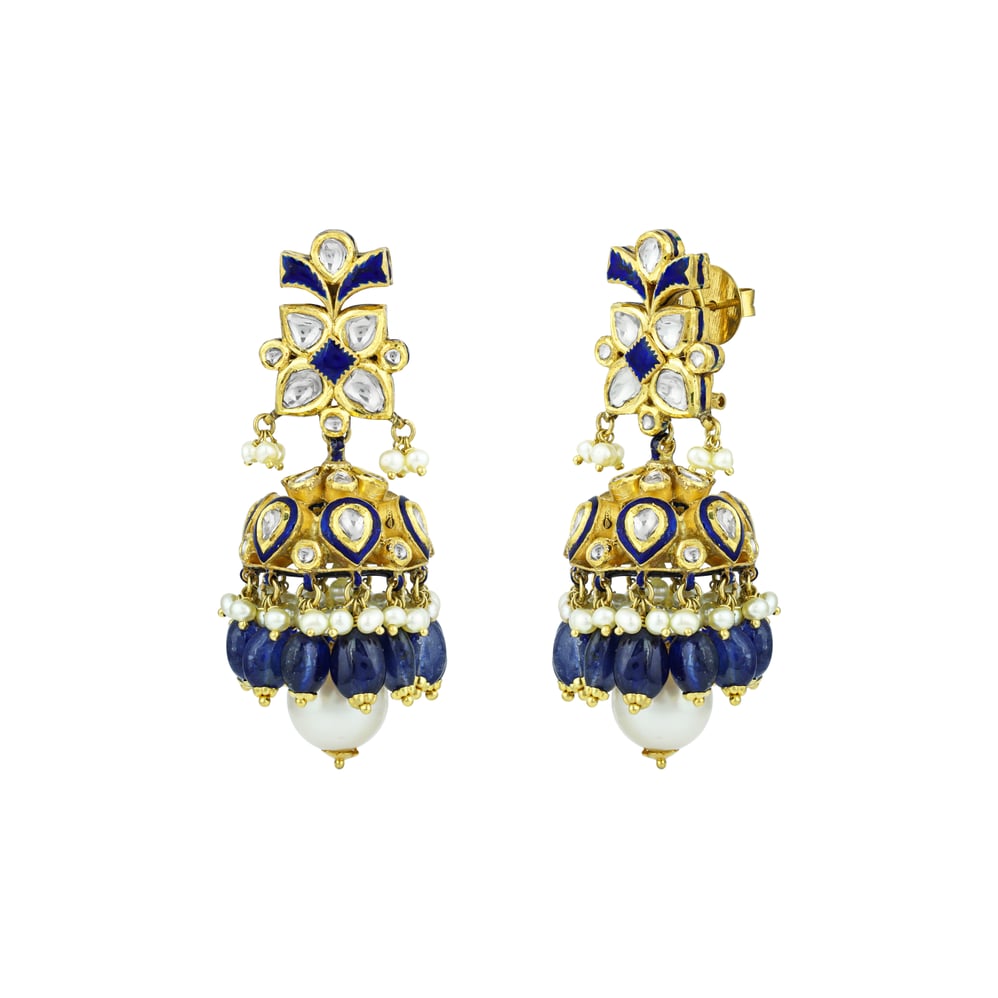 Polki Necklace Set with Blue Sapphire and Pearl Drops