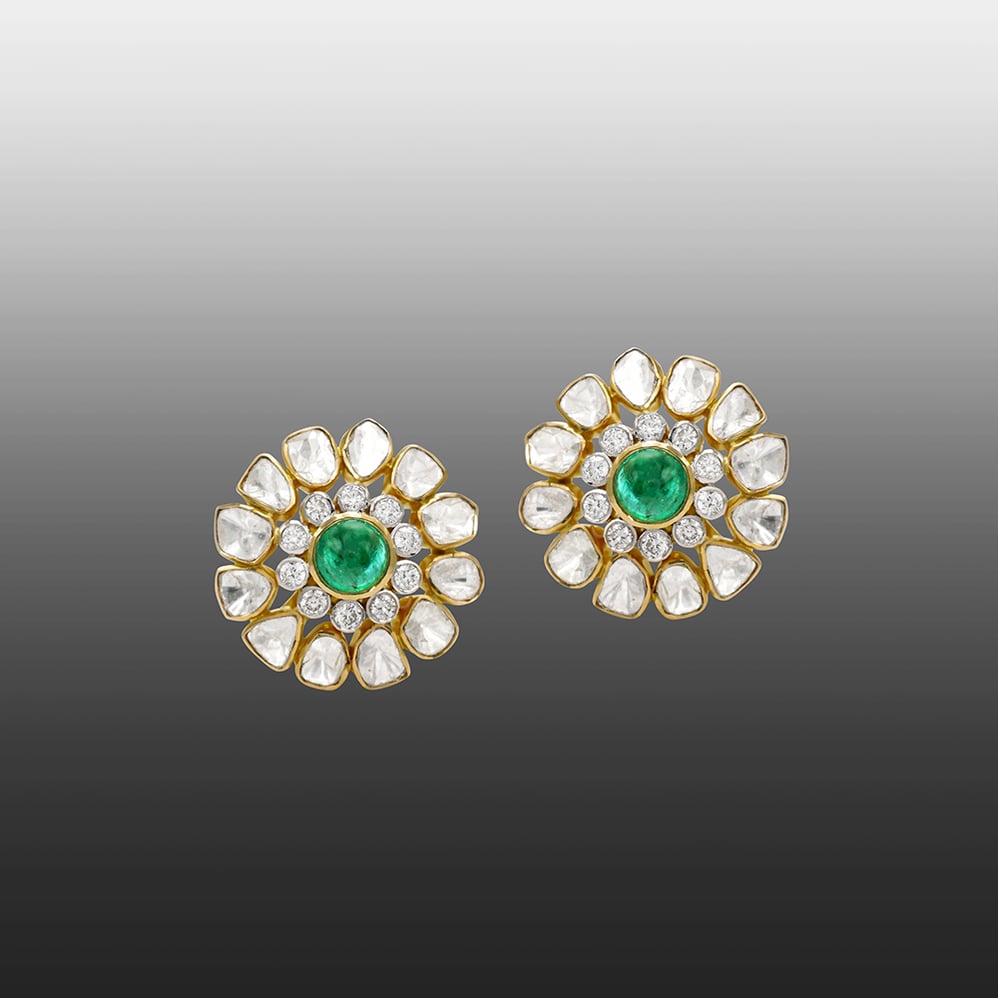Floral Polki Stud Earrings with Center Emerald and Diamond Cluster