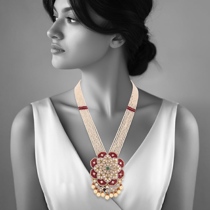 Pearl Strand Necklace with Polki, Ruby, and Emerald Pendant