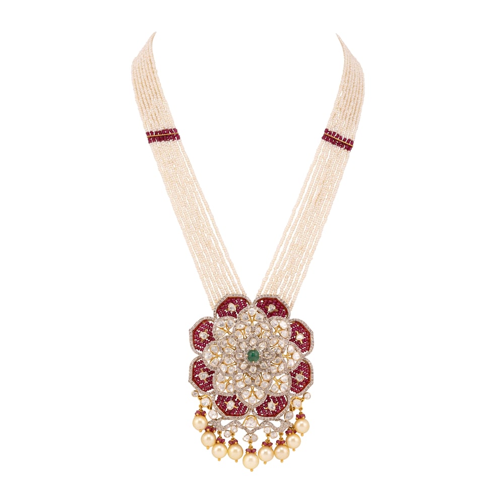 Pearl Strand Necklace with Polki, Ruby, and Emerald Pendant
