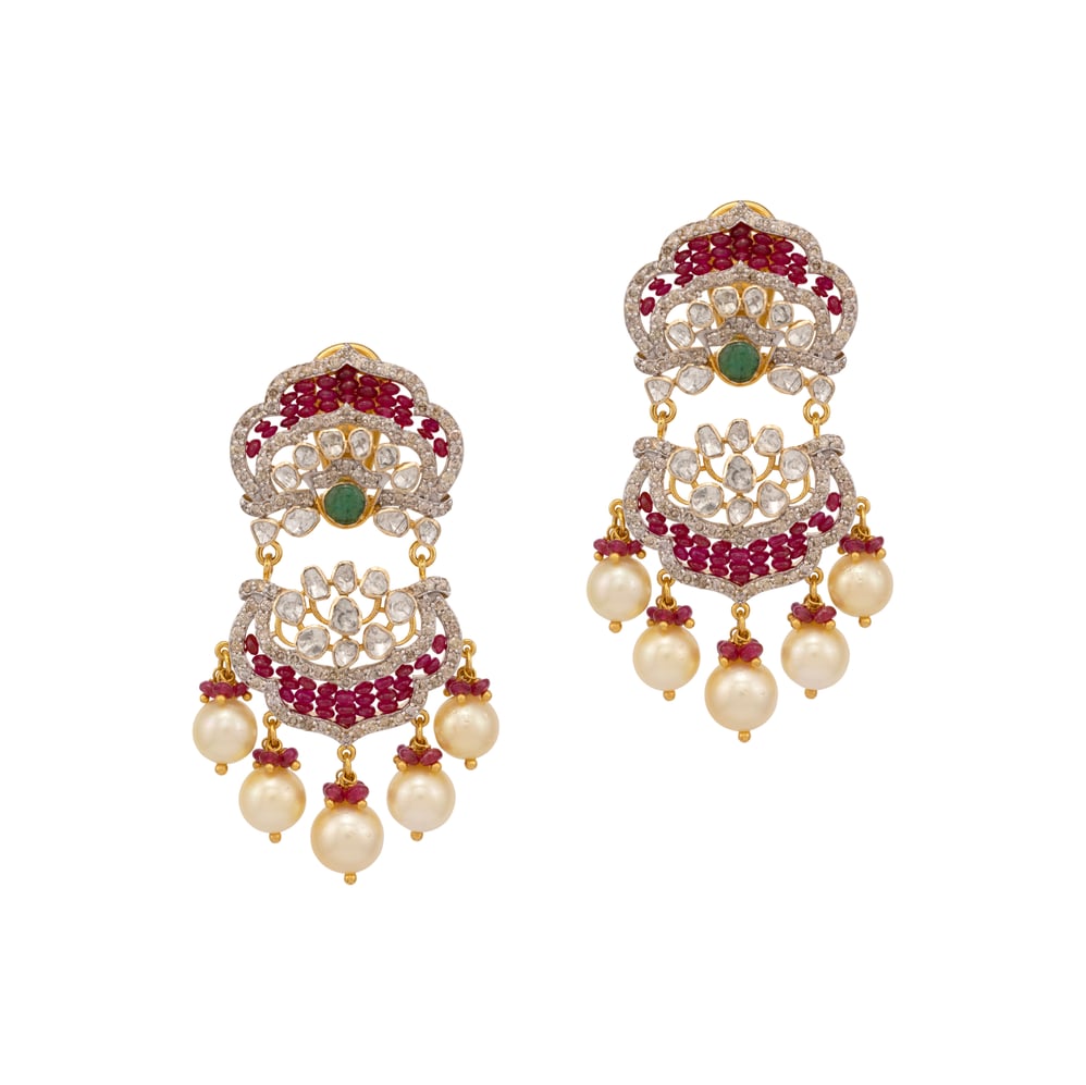 Polki and Ruby Earrings with Emerald and Pearl Drops