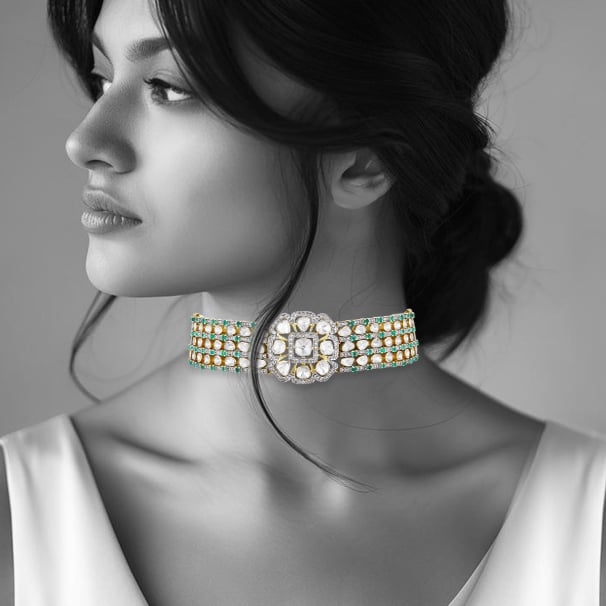 Convertible Bloom Bracelet Choker with diamonds and emeralds