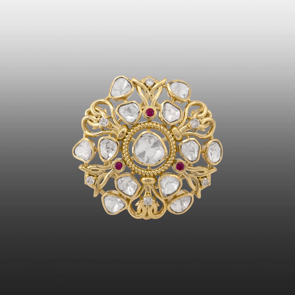 Floral Uncut Diamond Polki Ring with Red Accents