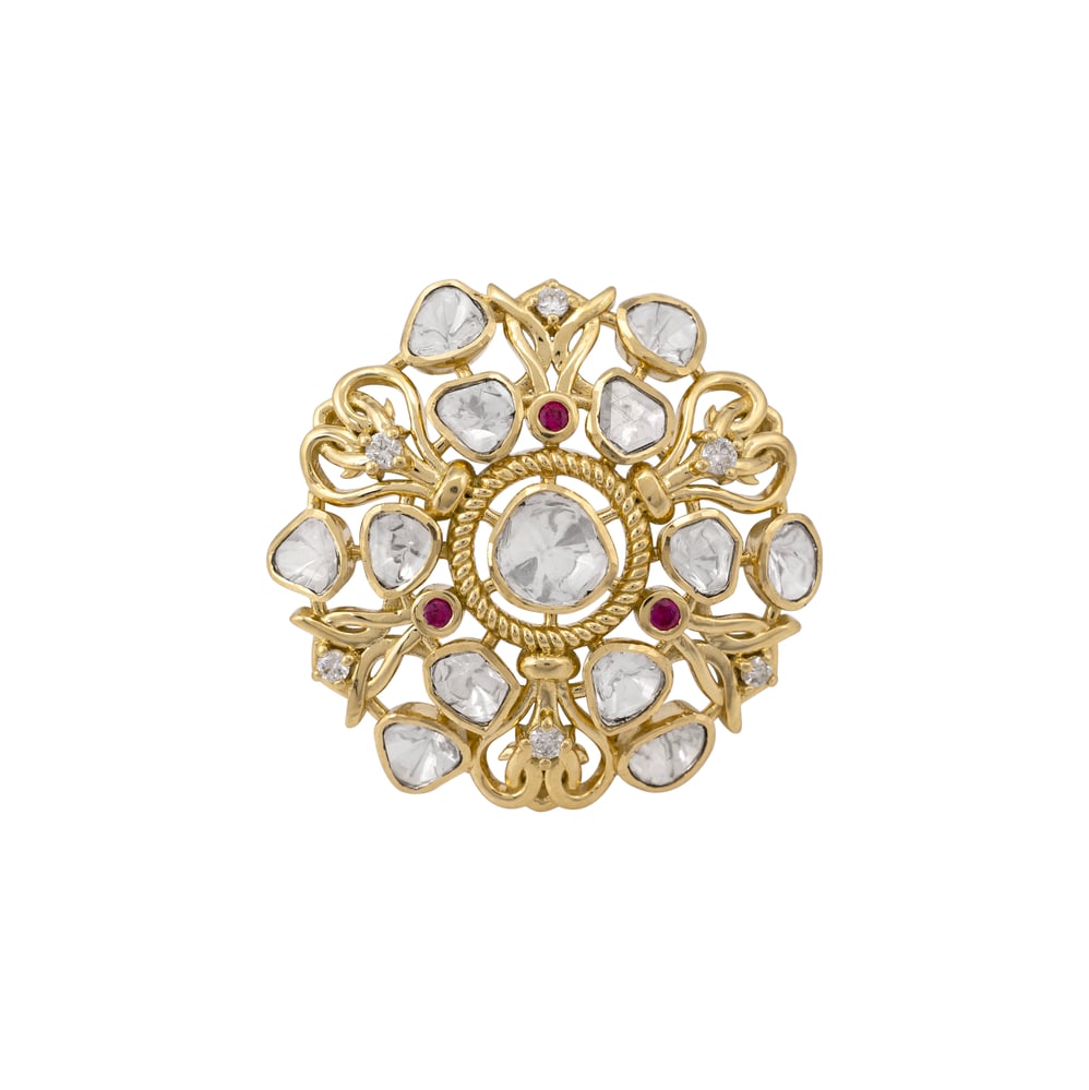 Floral Uncut Diamond Polki Ring with Red Accents