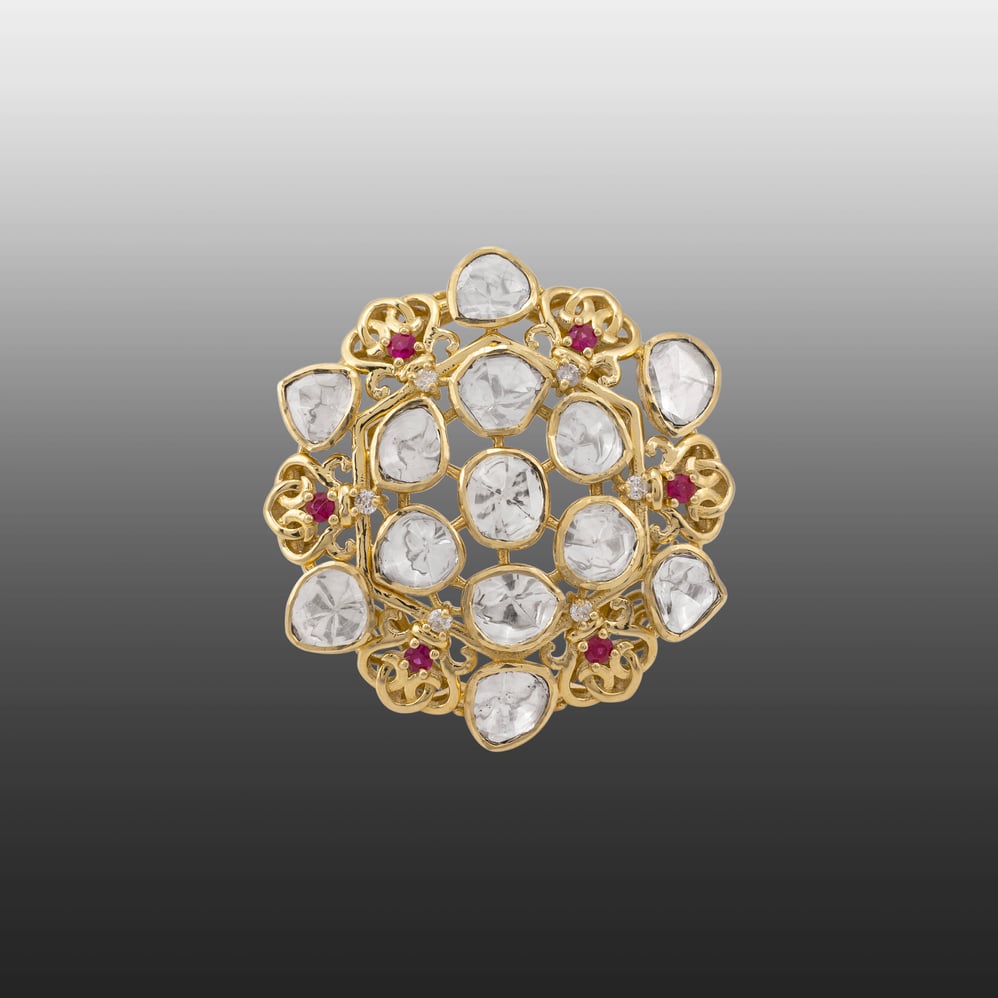 Uncut Diamond Flaura Polki Ring with Red Spark