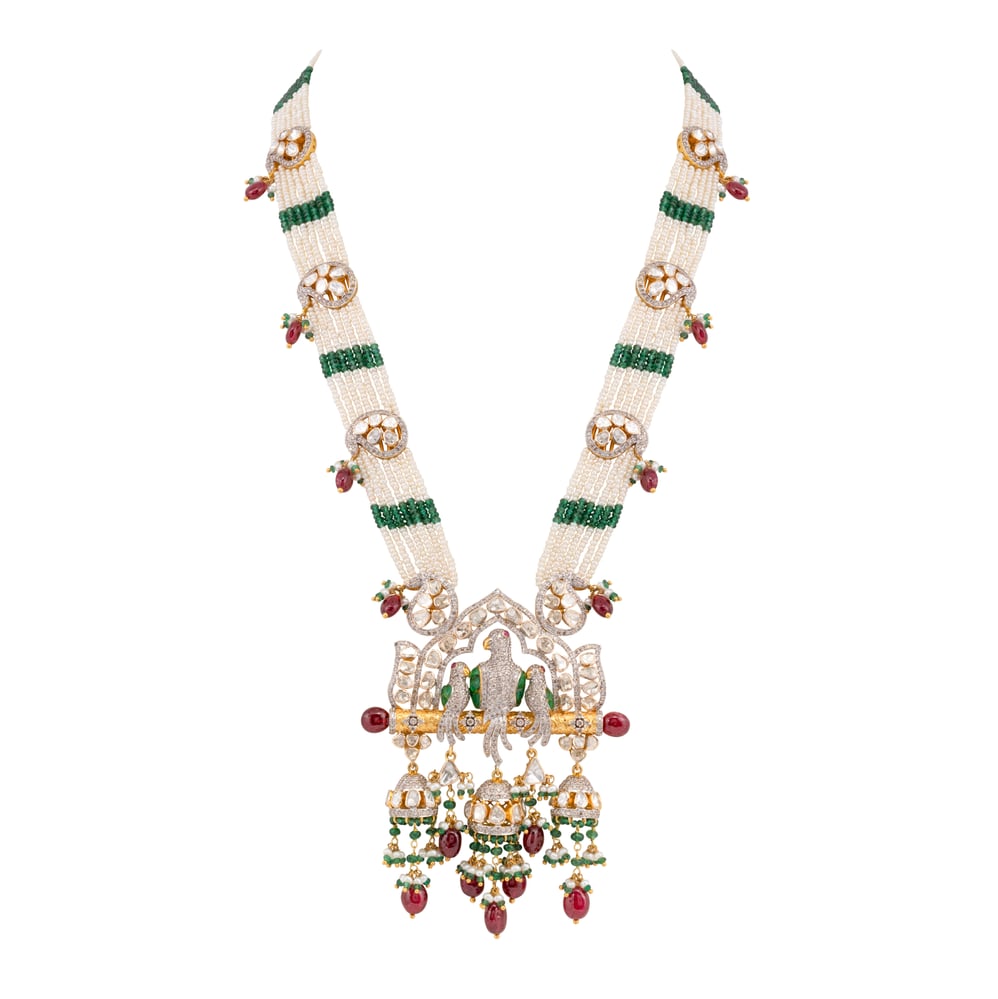Culture Pearls and Emerald Necklace with Bird Motif Pendant