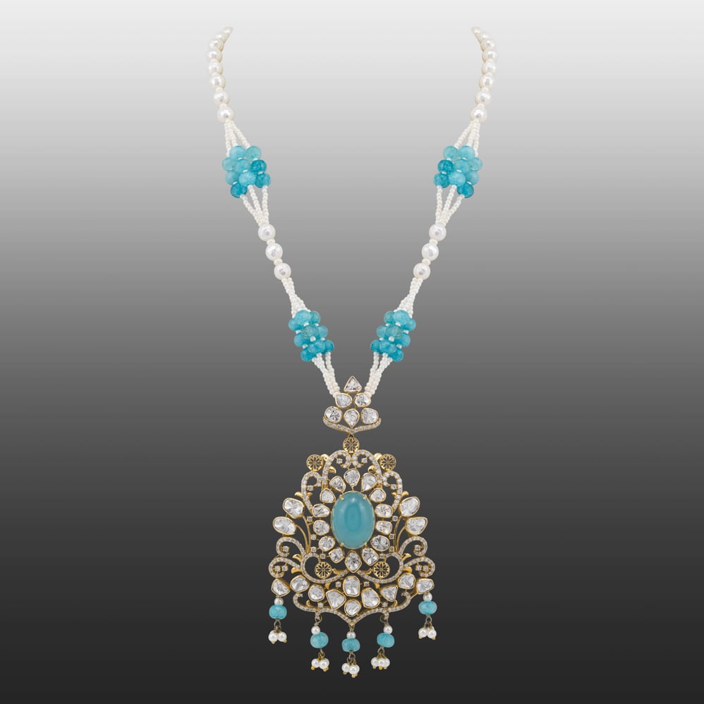 Aqua Pendant Necklace with Pearl and Polki Details