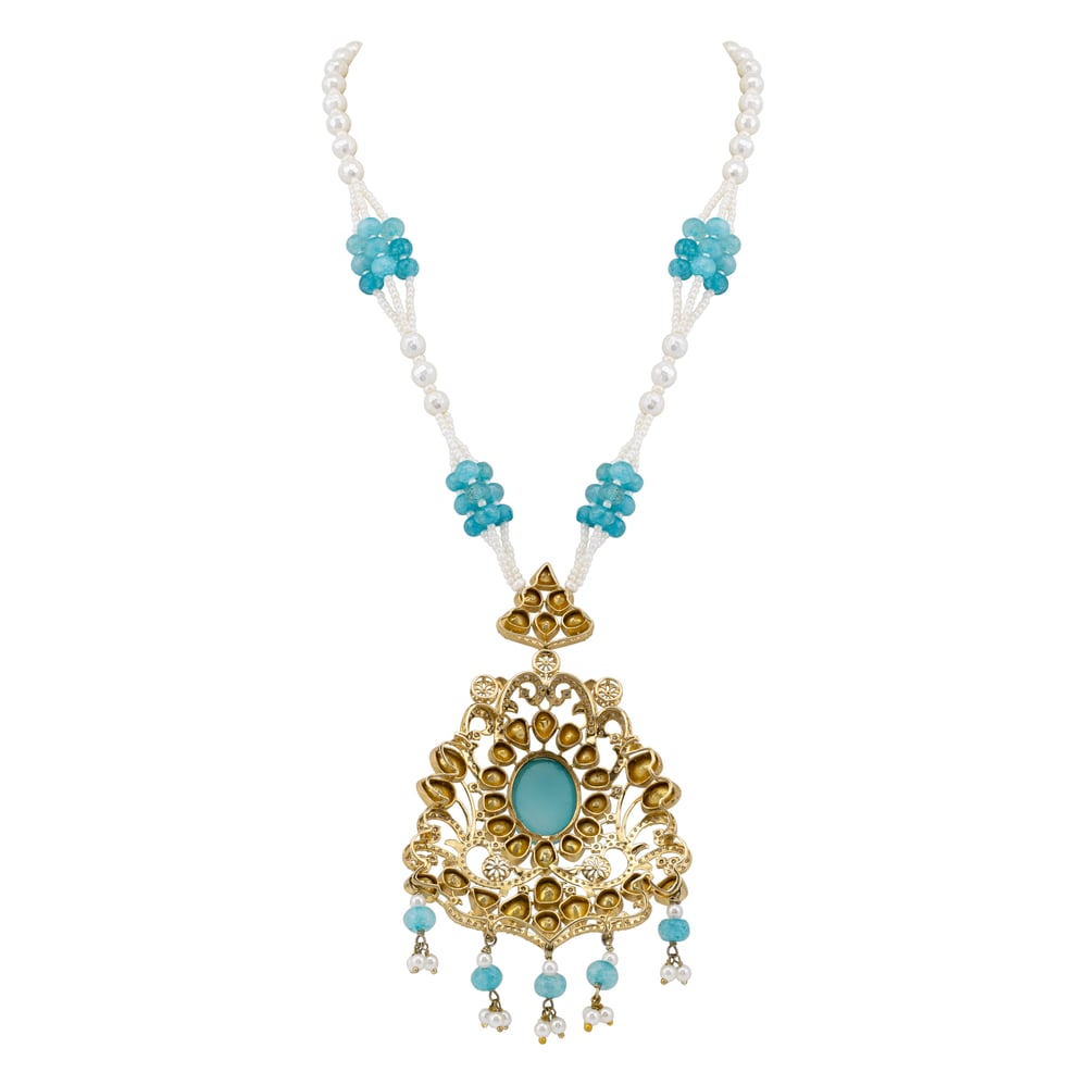 Aqua Pendant Necklace with Pearl and Polki Details