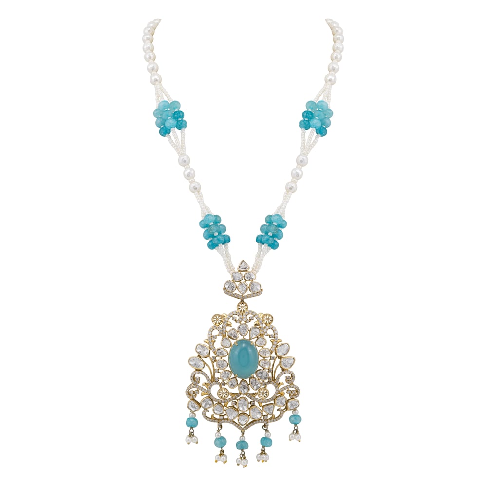 Aqua Pendant Necklace with Pearl and Polki Details