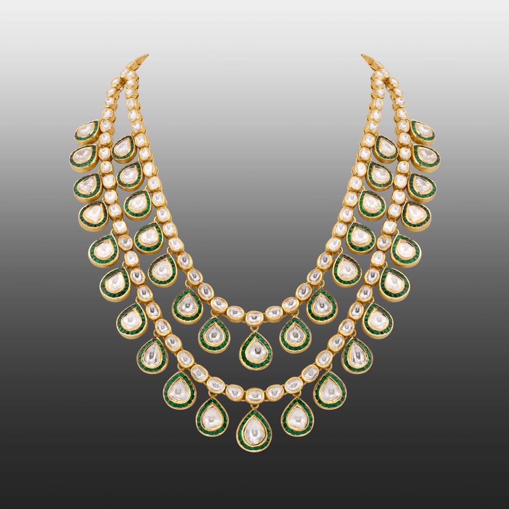 Double-Layered Uncut Diamond Polki Necklace with Green Enamel Border