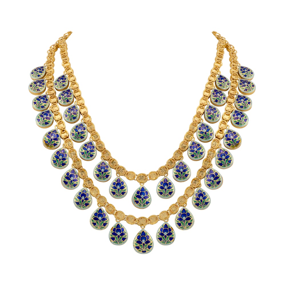 Double-Layered Uncut Diamond Polki Necklace with Green Enamel Border