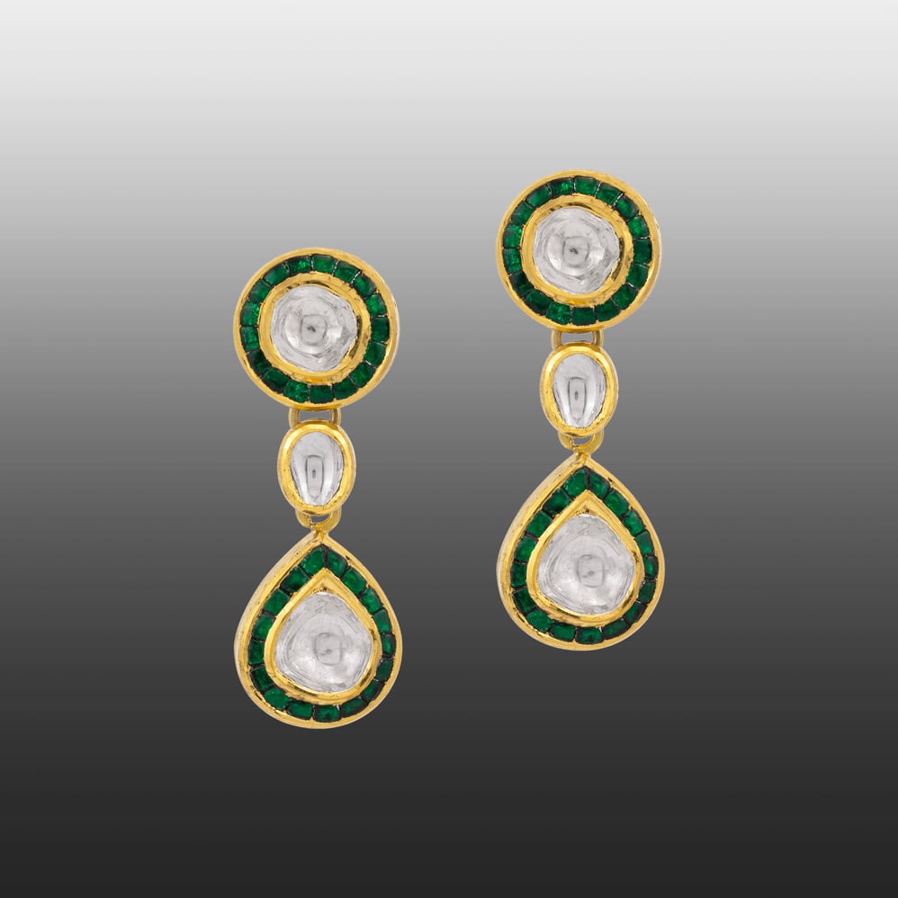 Polki Drop Earrings with Green Enamel Border