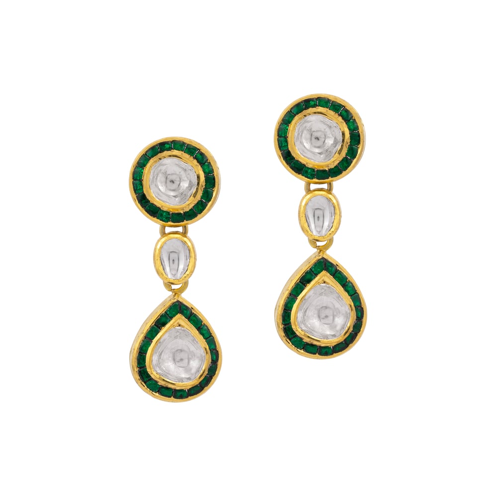 Polki Drop Earrings with Green Enamel Border