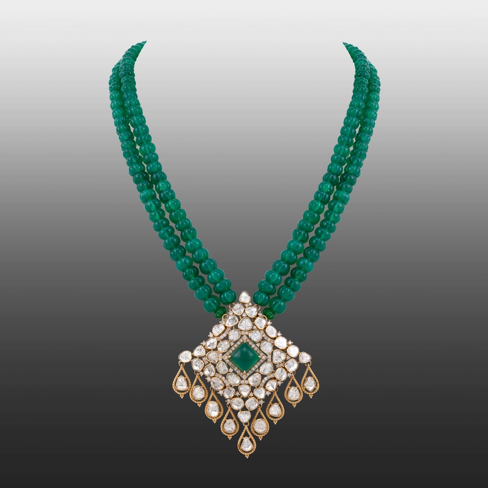 Deep Green Beaded Necklace with Polki Diamond Pendant