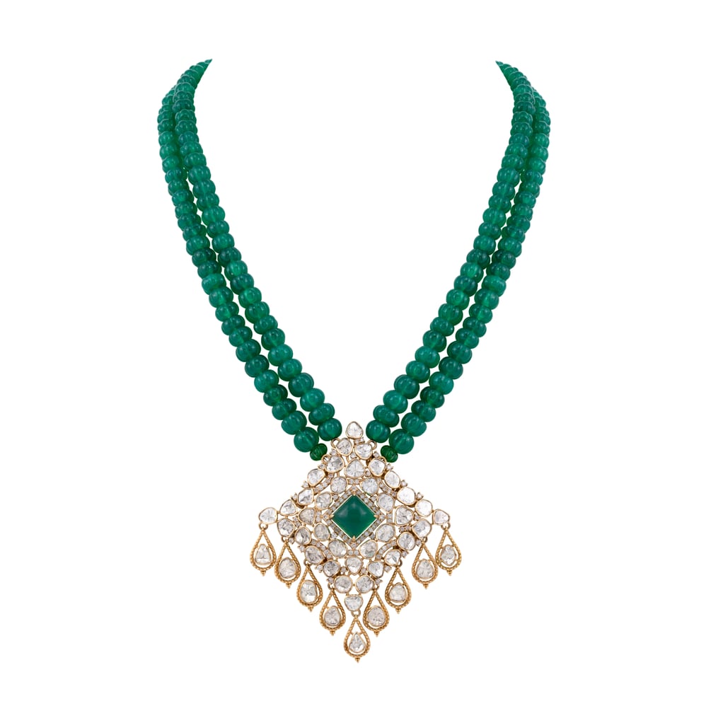 Deep Green Beaded Necklace with Polki Diamond Pendant
