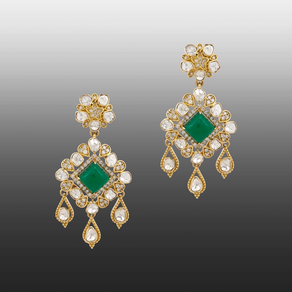 Polki Drop Earrings with Emerald Colour Center Stone