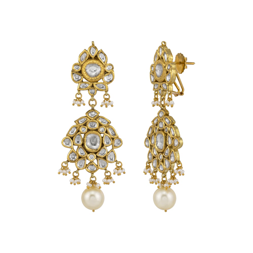 Elegant Polki Earrings with Pearl Drops