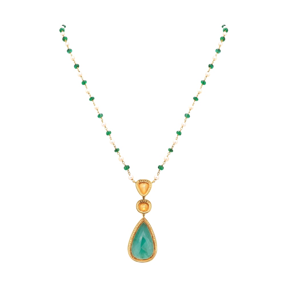 Emerald and Pearl Beaded Necklace with Zambian Pendant Set