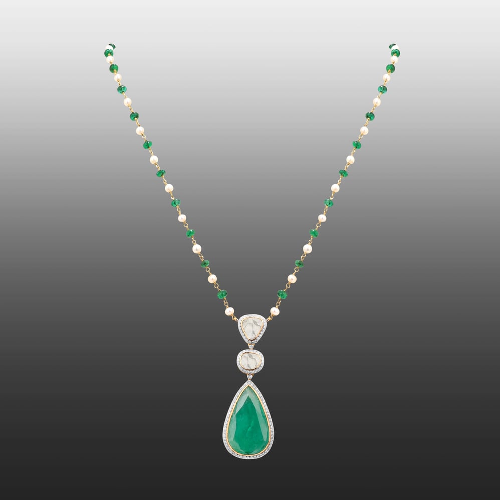 Emerald and Pearl Beaded Necklace with Zambian Pendant Set