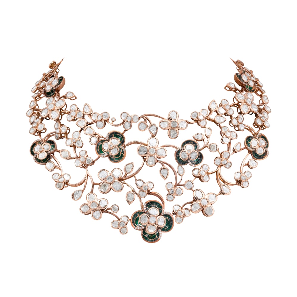 Green Enamel Polki Floral Necklace with Diamond Accents