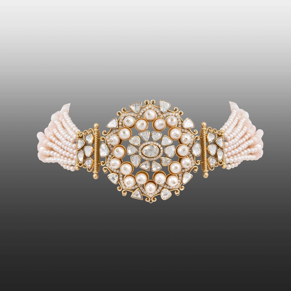 Filigree Pearl Choker with Polki and Full-Cut Diamond